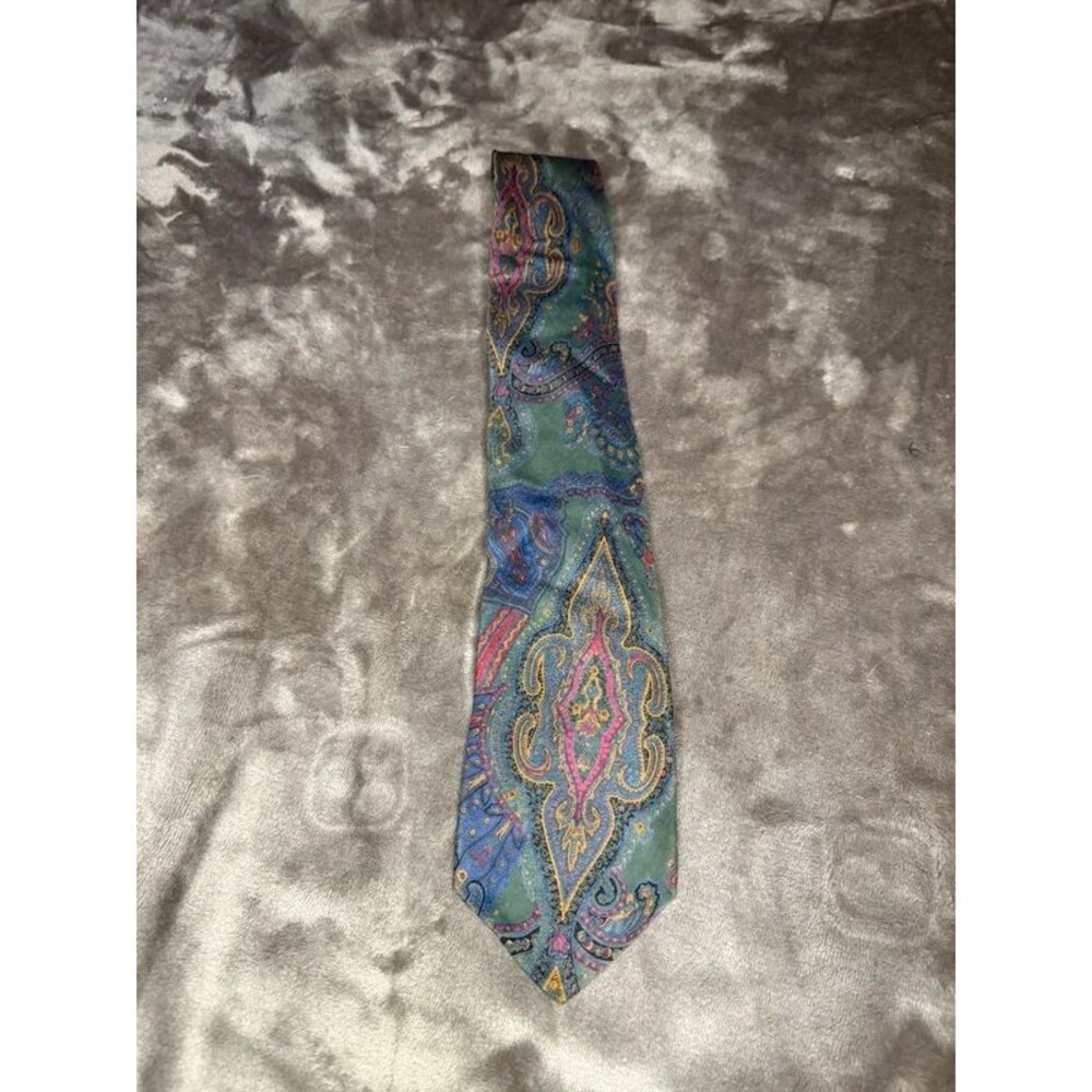 VTG Bert Pulitzer Silk Tie Green Blue Paisley Made USA Preppy Necktie